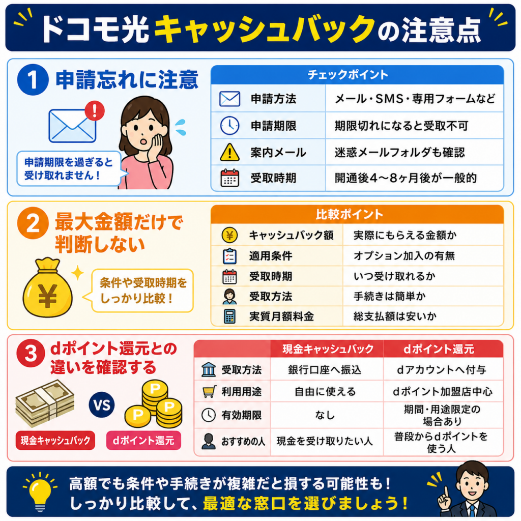 ドコモ光キャッシュバック注意点図解