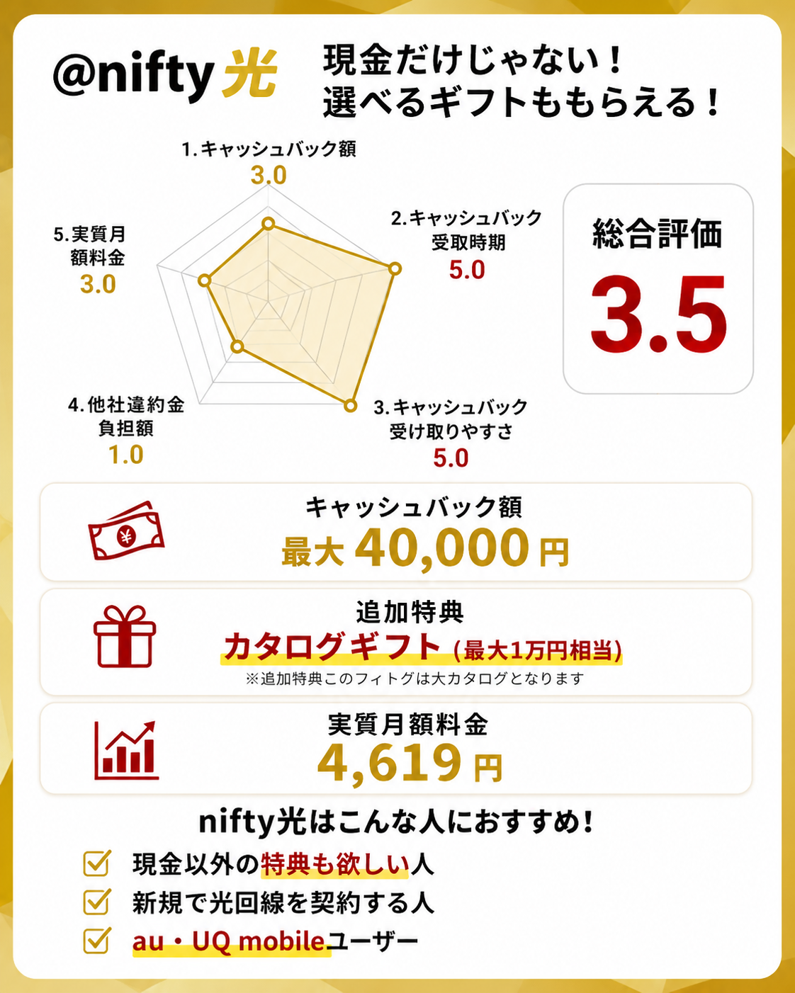 光回線即日キャッシュバックのレーダーチャートnifty光