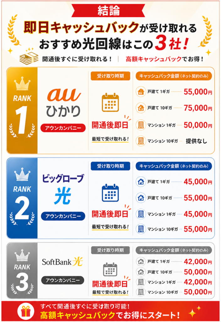 光回線即日キャッシュバックの結論図解