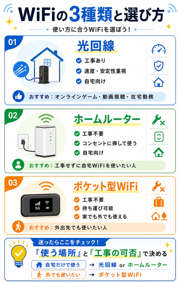 WiFiの3種類と選び方|光回線・ホームルーター・ポケット型Wi-Fi