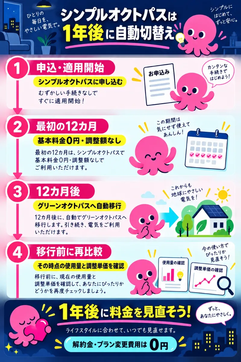 シンプルオクトパスの1年後の自動切替えと見直し時期