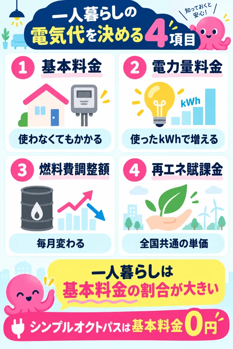 電気代は基本料金と電力量料金と調整額と再エネ賦課金の4つで決まる