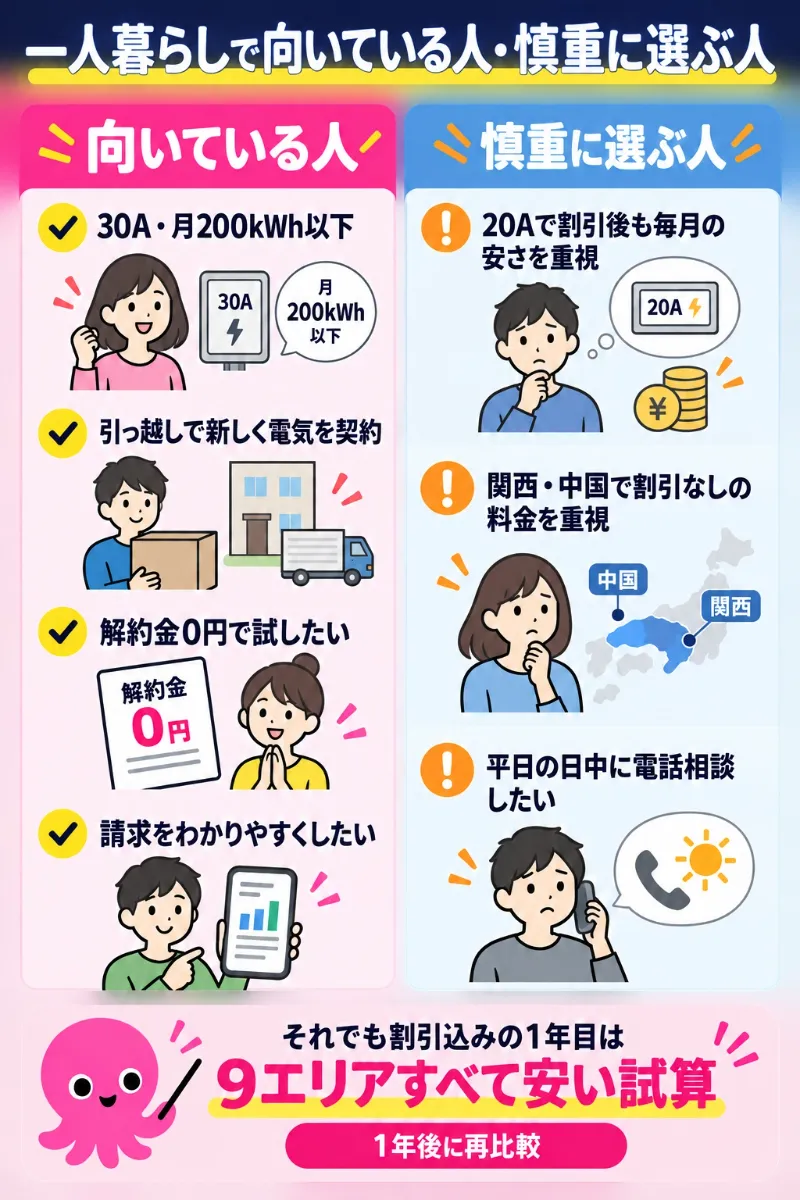 一人暮らしでオクトパスエナジーに向いている人と慎重に選ぶ人