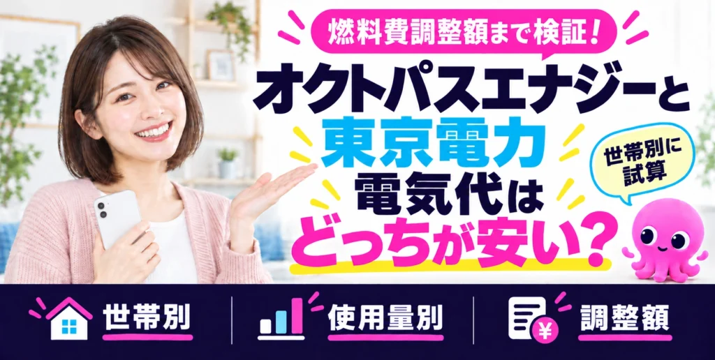 オクトパスエナジーと東京電力を比較！燃料費調整額は高い？世帯別・使用量別に電気代はどっちが安いか検証