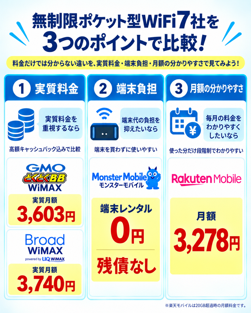 ポケットWiFi無制限3つのポイント比較図解