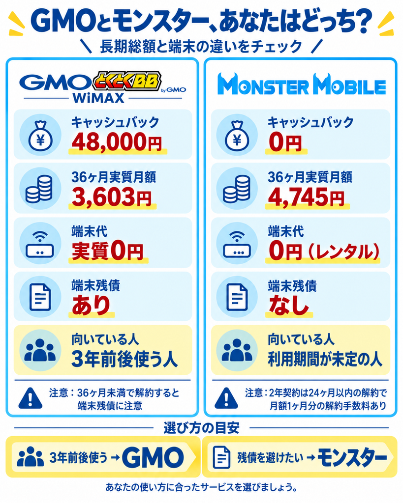 ポケットWiFi無制限GMOとモンスター比較図解