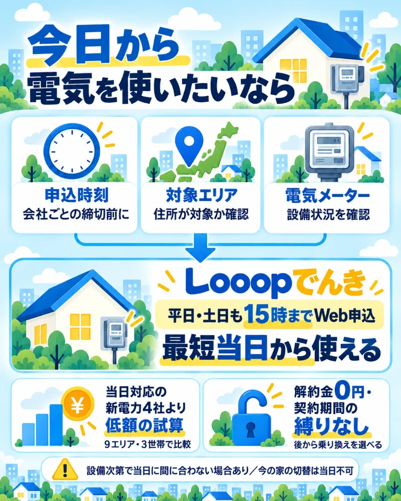 申込時刻・エリア・設備を確認し、Looopでんきの15時までのWeb申込、電気代の比較試算、解約金0円を示す図解