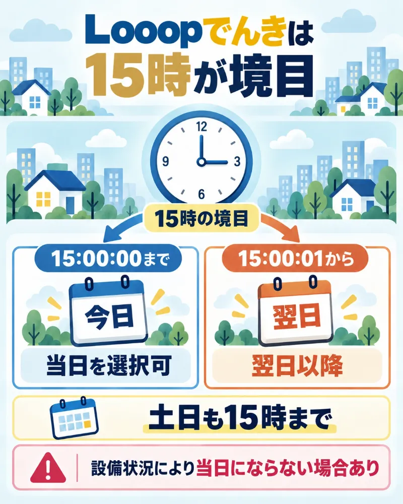 Looopでんきの当日利用申込は15時00分00秒が境目となることを示す図解