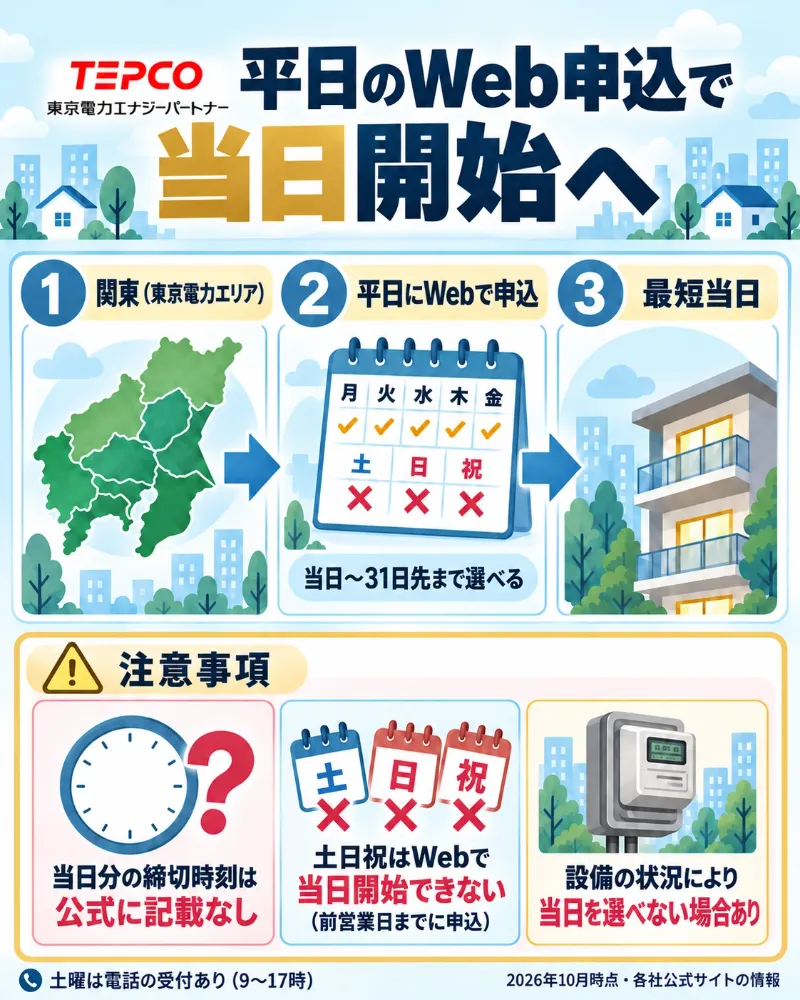 東京電力EPの平日Web申込による当日開始条件