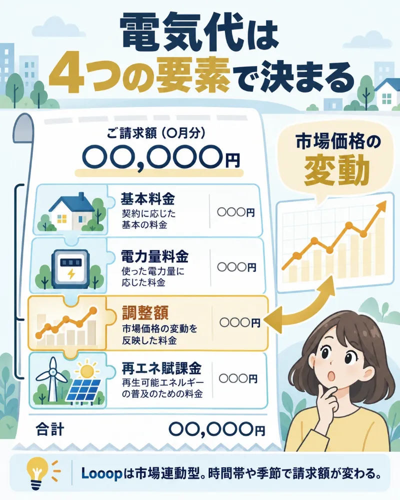 電気代の4つの内訳と市場価格で変わる項目を示す図解