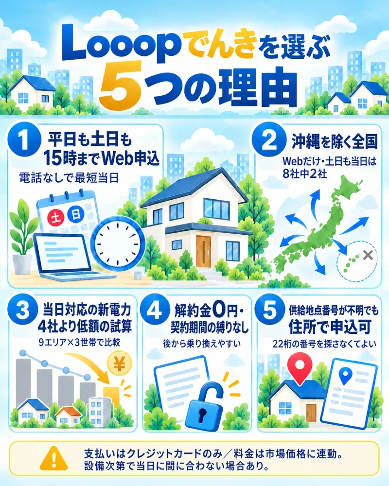 Looopでんきを選ぶ5つの理由。土日も15時までWeb申込、全国の対象エリア、電気代の比較試算、解約金0円、住所からの申込を示す図解