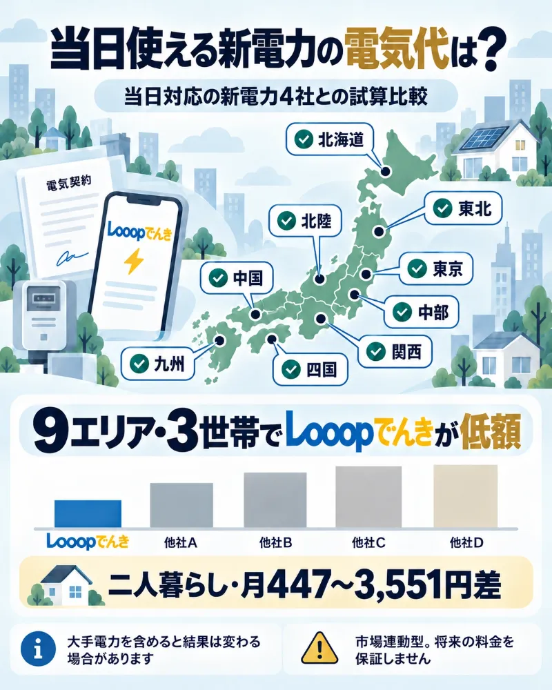即日開通に対応する新電力5社の9エリア料金比較結果