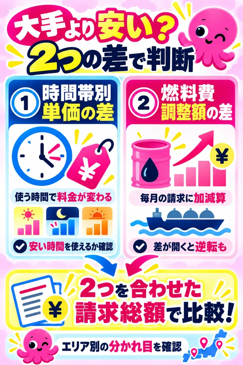 単価の差と燃料費調整額の差を分けて比べると大手より安いかがわかる