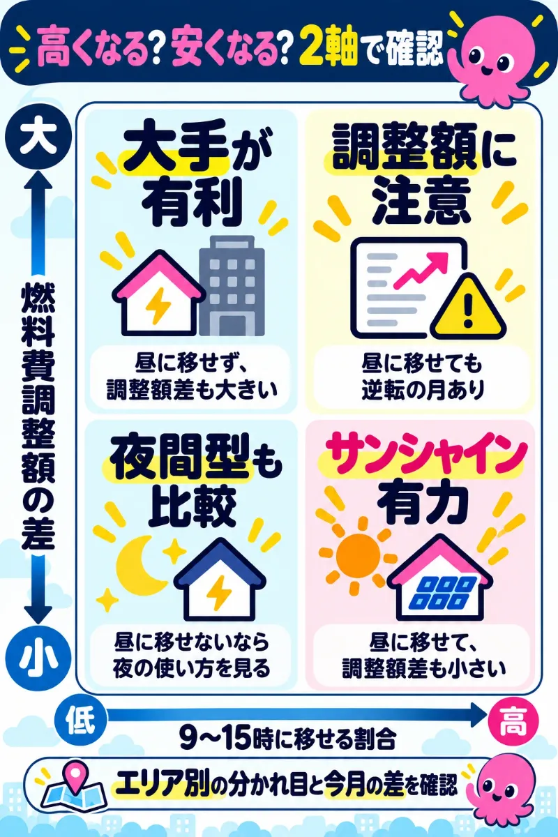 燃料費調整額の差と9時から15時に移せる割合の2軸で比較する図