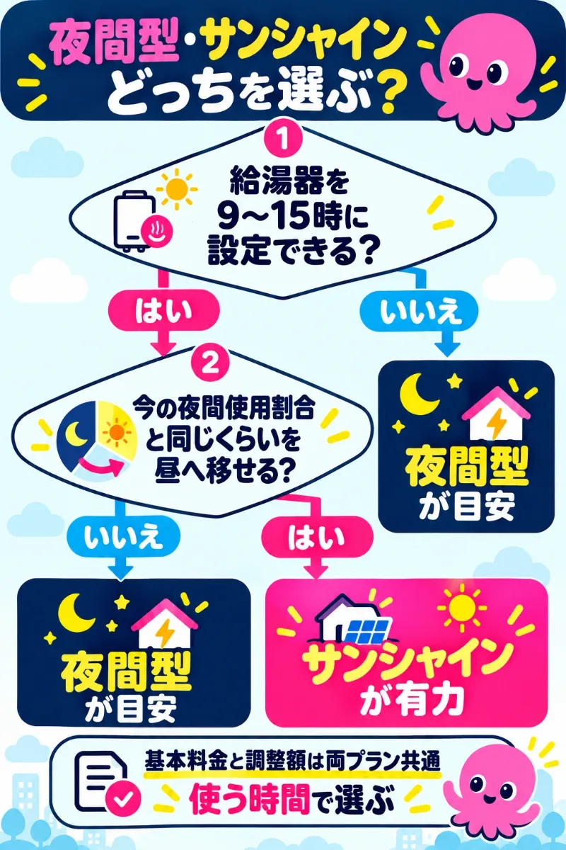 給湯器を9時から15時に沸き上げられるかで夜間型とサンシャインを選ぶフロー図