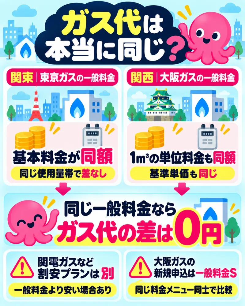 オクトパスエナジーのガス料金は東京ガス・大阪ガスの一般料金と同額で、割安プランとの比較が必要なことを示す図